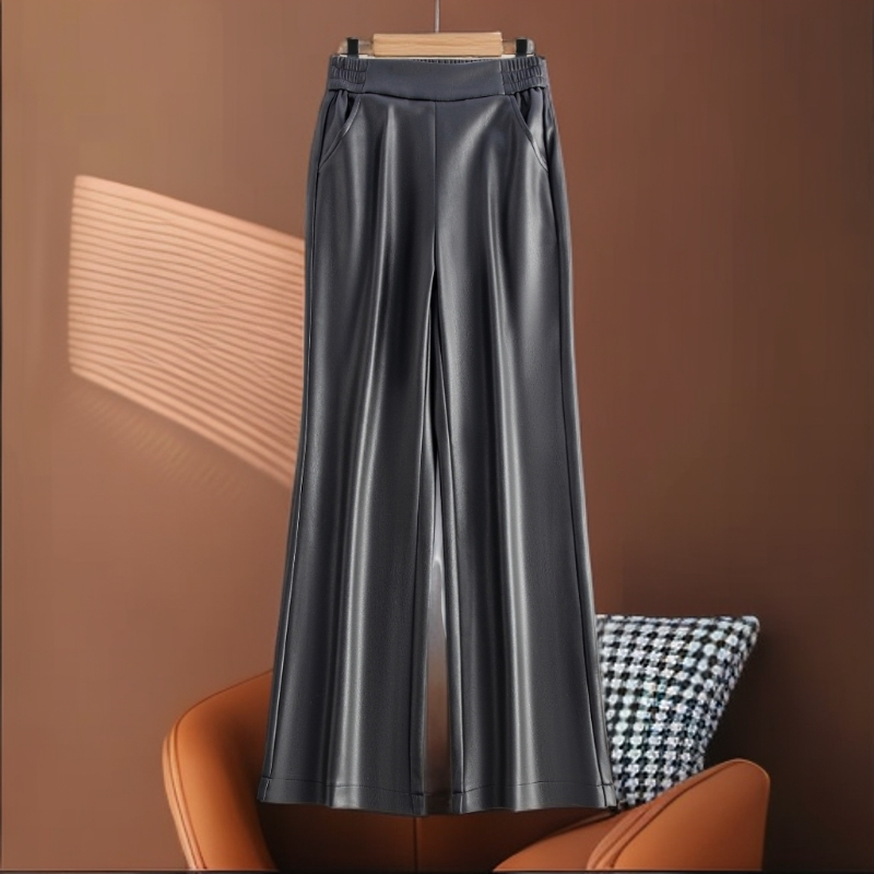 海宁真皮皮裤长裤透气喇叭裤高腰垂感开叉气质显瘦KFLD-1610#
