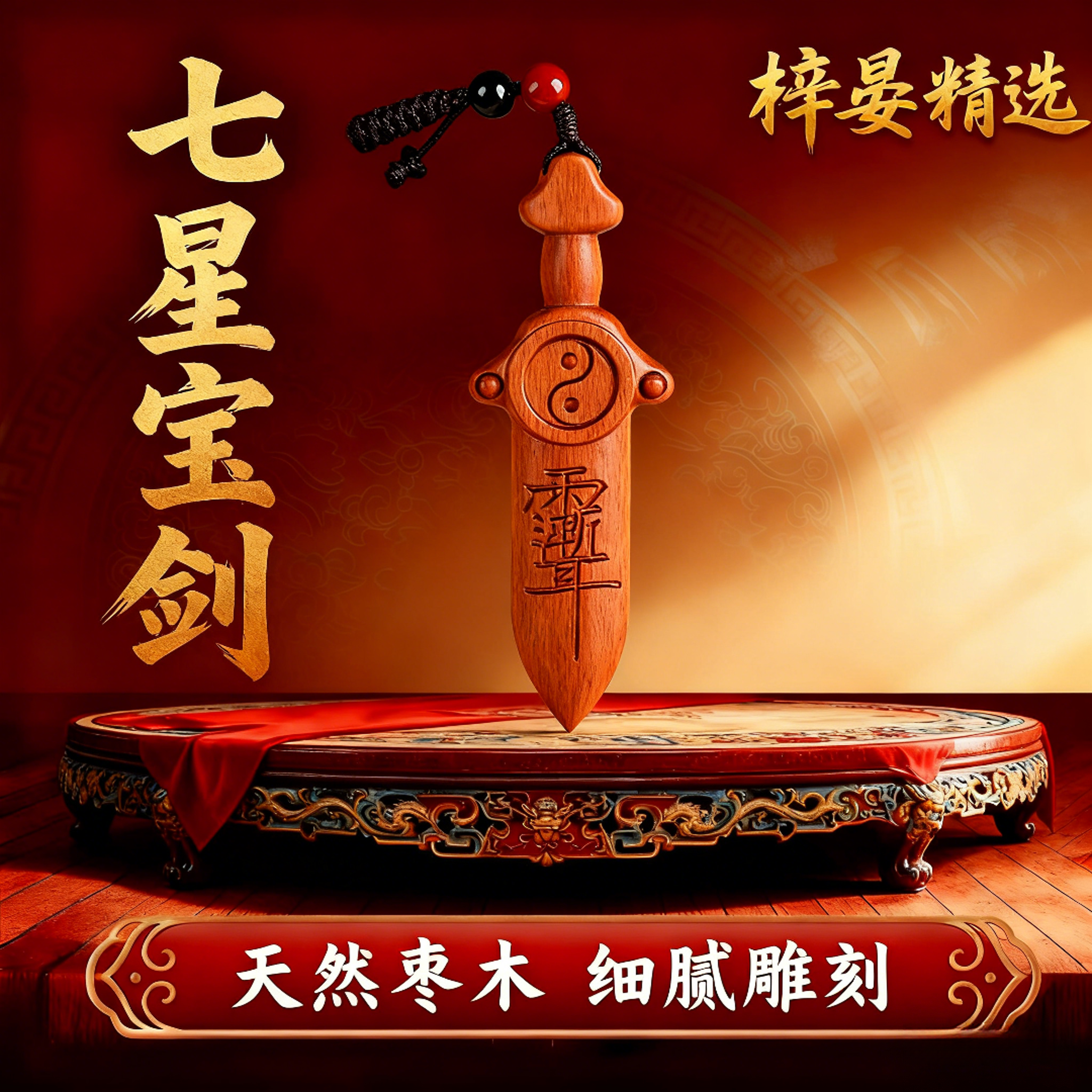 【师傅推荐】太极七星宝剑天然枣木挂件钥匙扣木雕客厅卧室门口吊坠