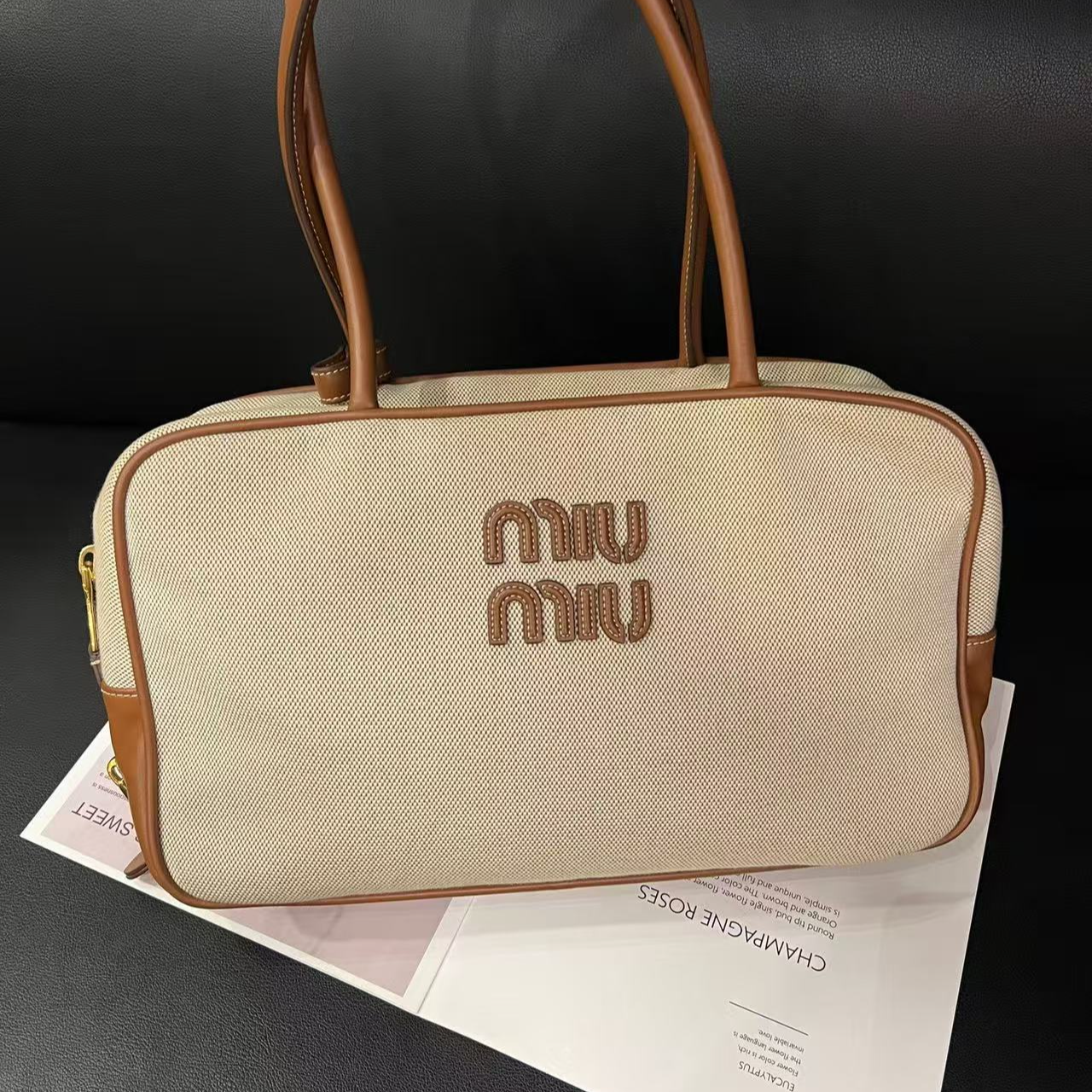 99新 MIU MIU/缪缪 专柜2.44帆布拼皮手提包B6436寄卖服务