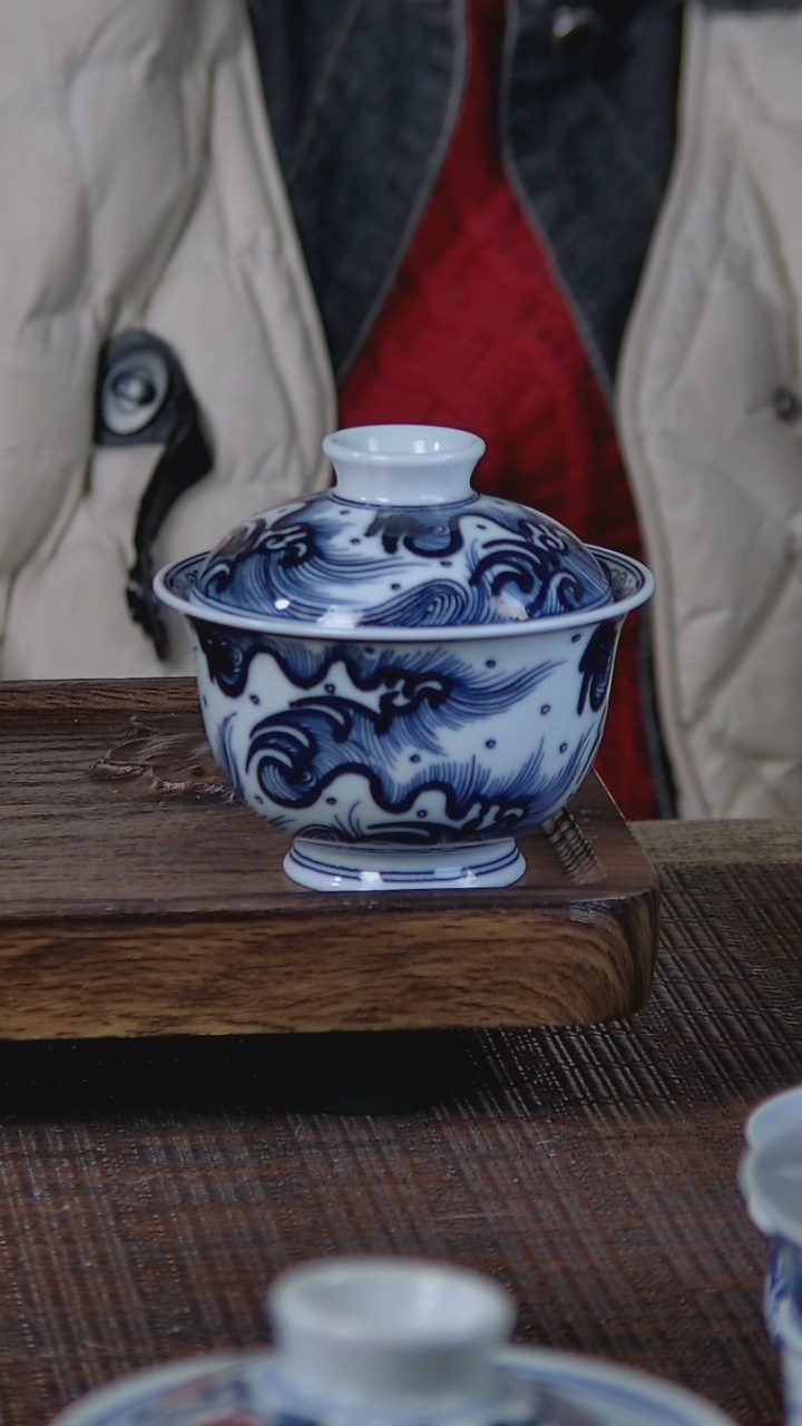 【闪购商品】折葵非器手工手绘海水纹盖碗