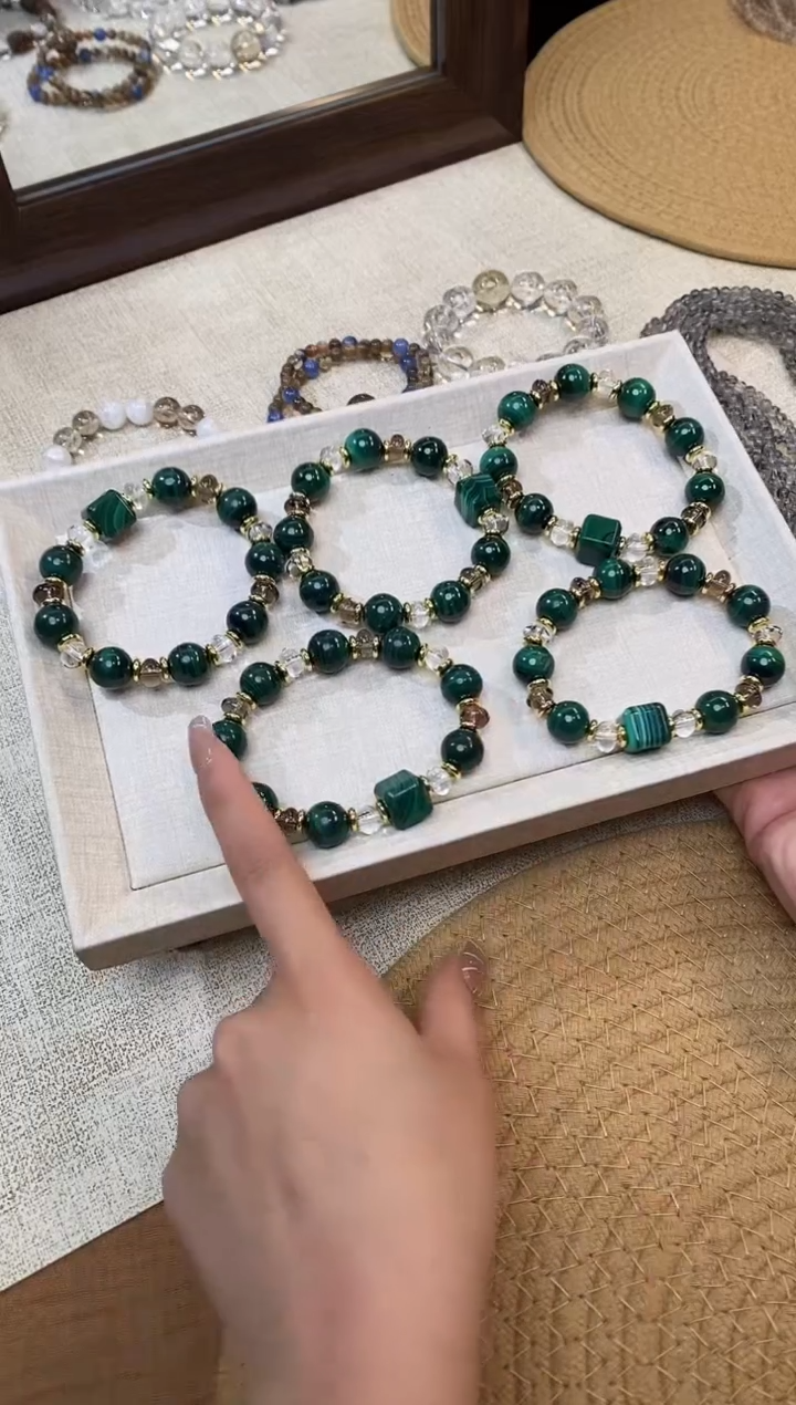 合金手链水晶《几何森林》孔雀石白水茶晶设计手串11-12mm多样发一