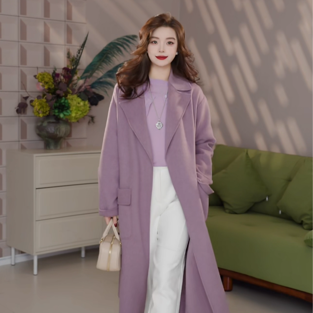 GIRDEAR/哥弟气质时尚毛呢百搭长款设计师宽松风衣外套1400640