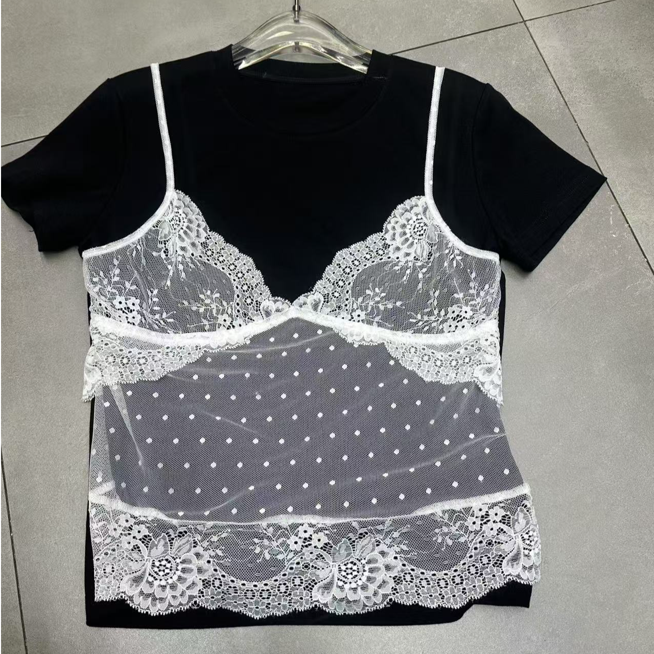 深圳南油高货原创ZZ假两件比基尼蕾丝背心洋气短袖T恤常规版型