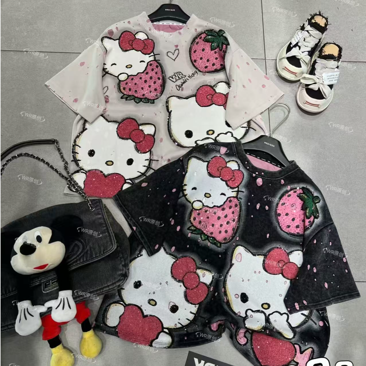 【573】秋冬新款重工烧花凯蒂猫短款韩版宽松显瘦百搭时尚洋气半袖