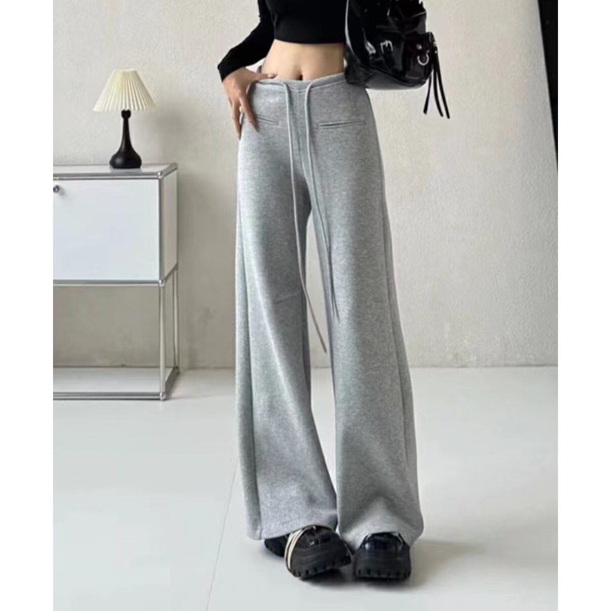 时尚高腰抽绳卫裤垂感运动裤加长高个子女装慵懒感阔腿休闲裤819