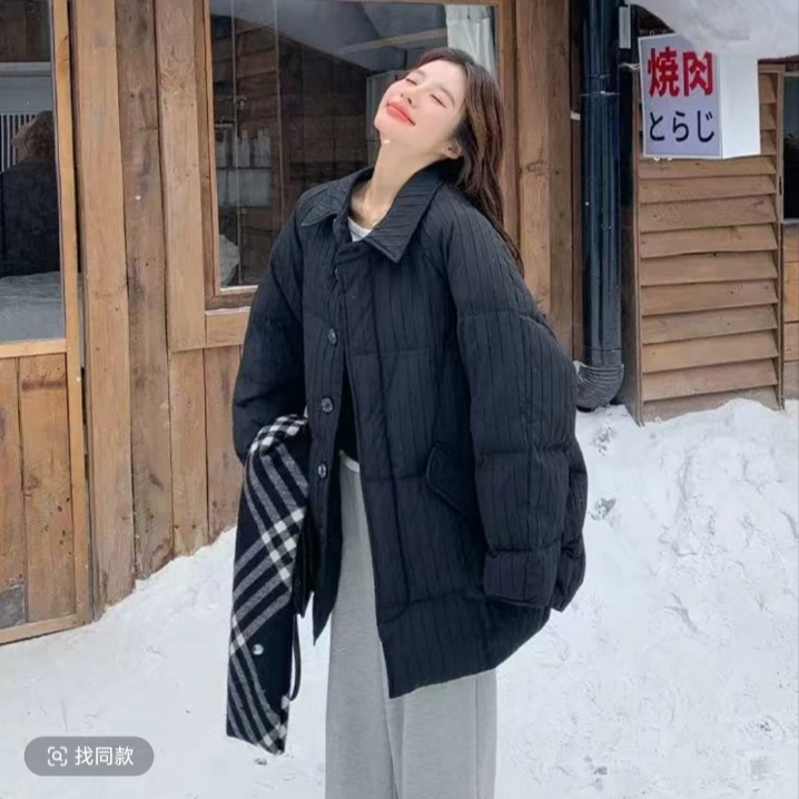 【衣长82】竖条纹翻领轻暖石墨烯云朵棉衣女冬季新款保暖宽松休闲