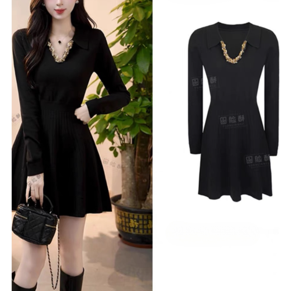法式复古V领长袖针织显瘦连衣裙女秋冬新款高级感修身显瘦A字裙
