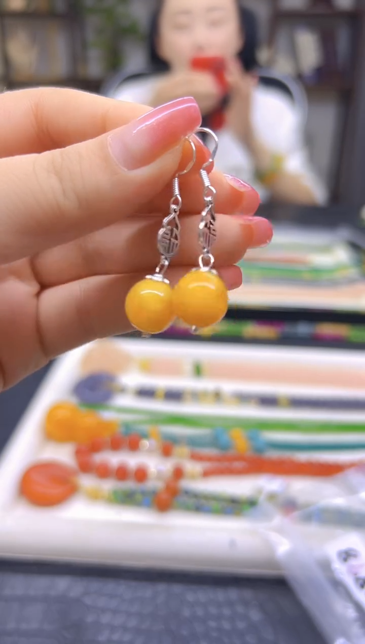 蜜蜡银S925镶嵌耳饰DIY款E898