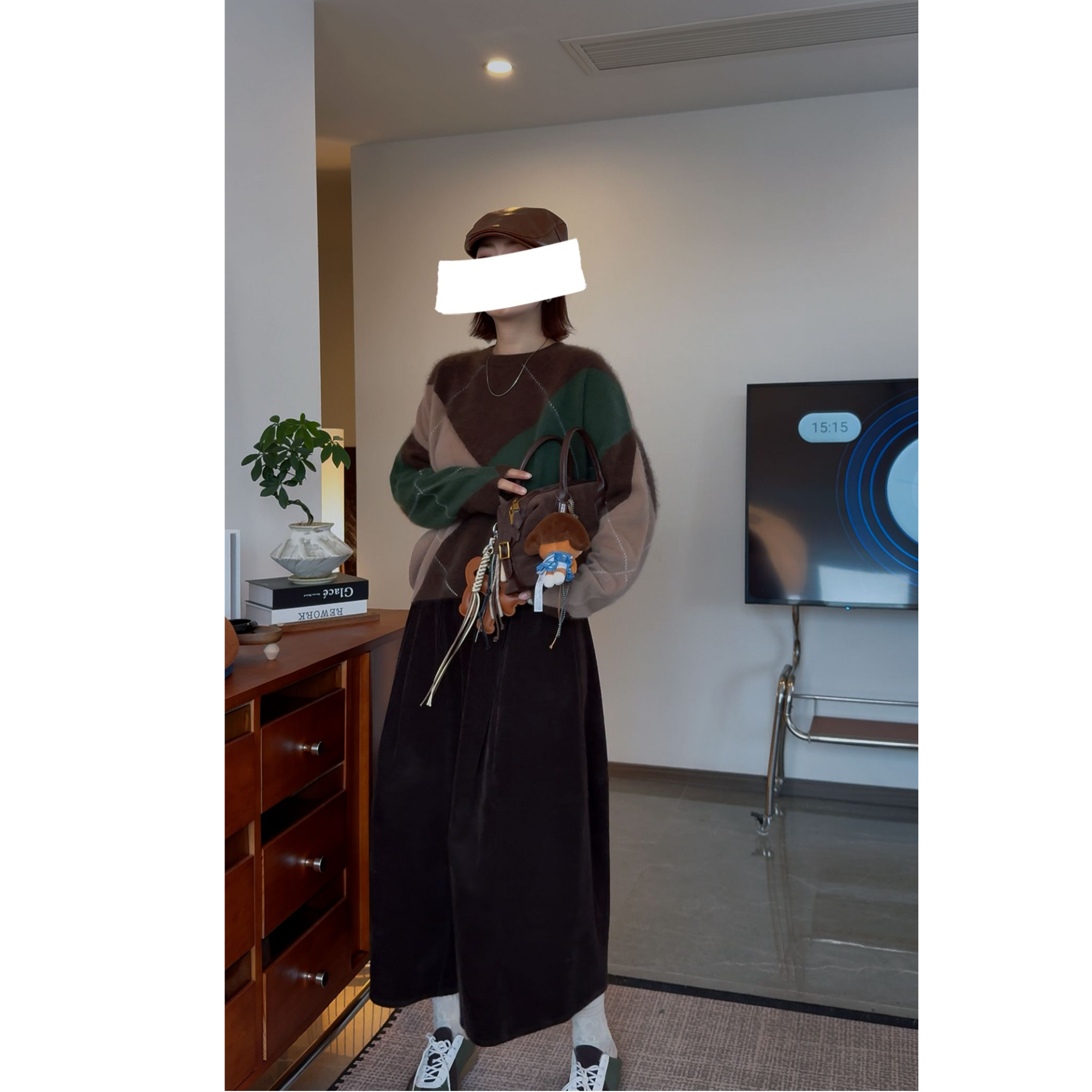 大菱形格全羊毛拉绒毛衣