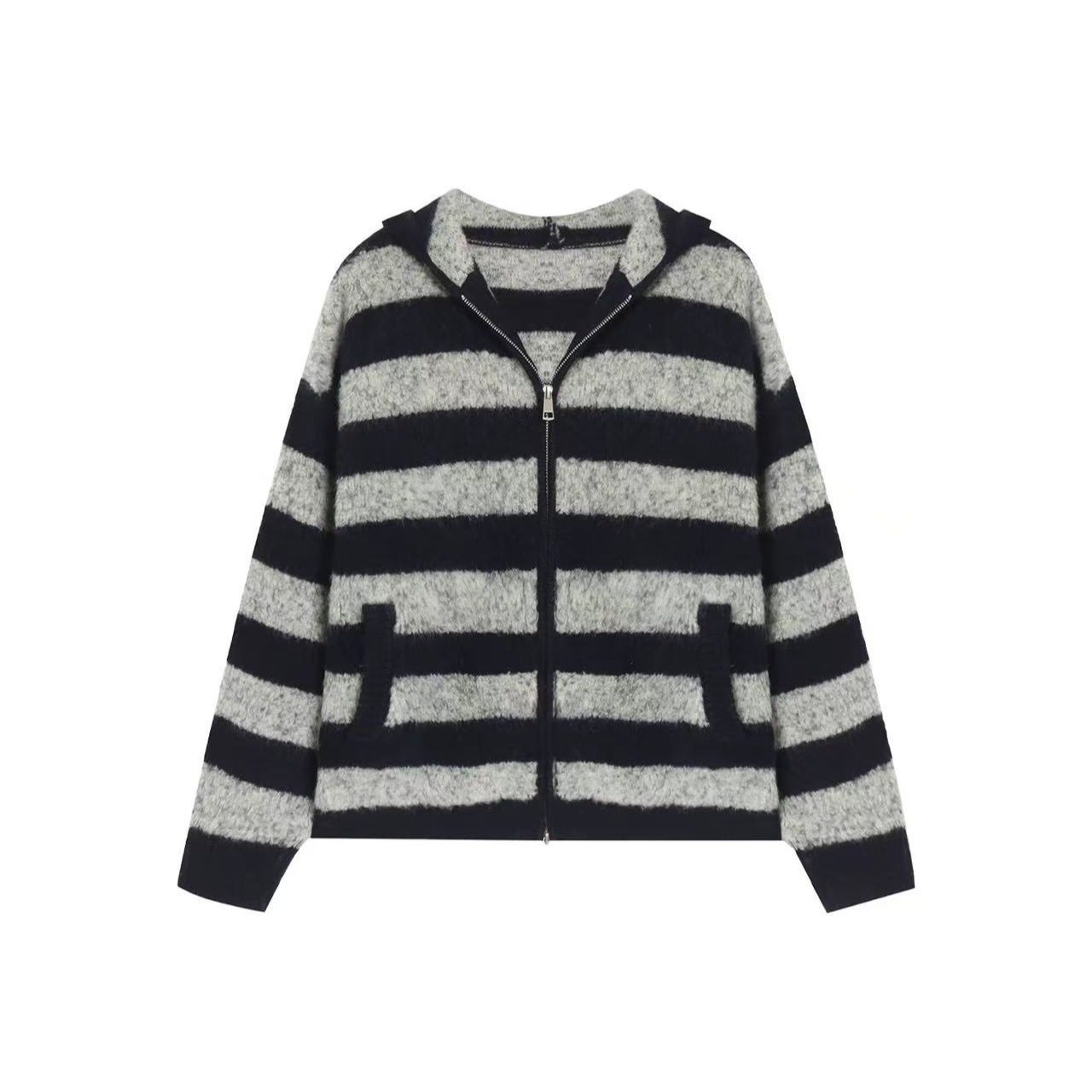 【硬货】5353时尚休闲慵懒风百搭条纹拼接感针织毛衣女连帽开衫外套