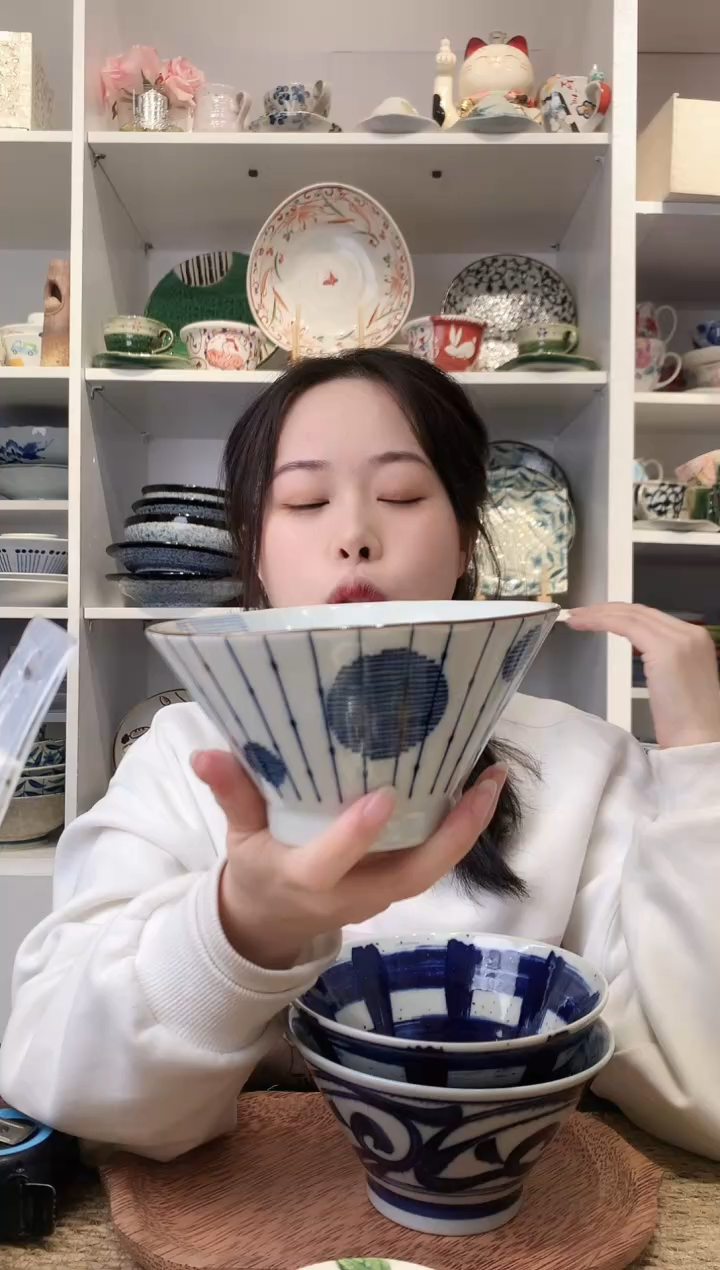 陶瓷三峰水玉十草高脚斗笠碗16cm