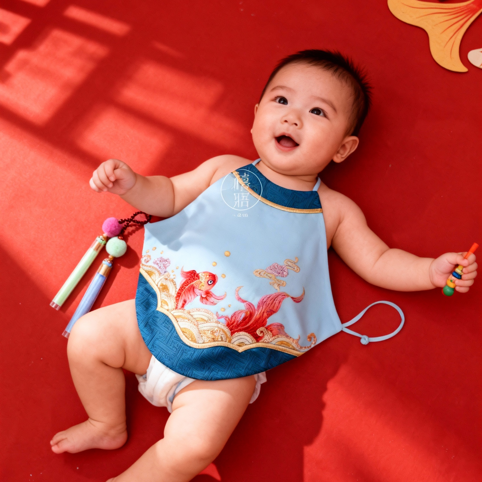 禧寤原创全手工刺绣·图腾系列宝宝肚兜「锦鲤·蓝」