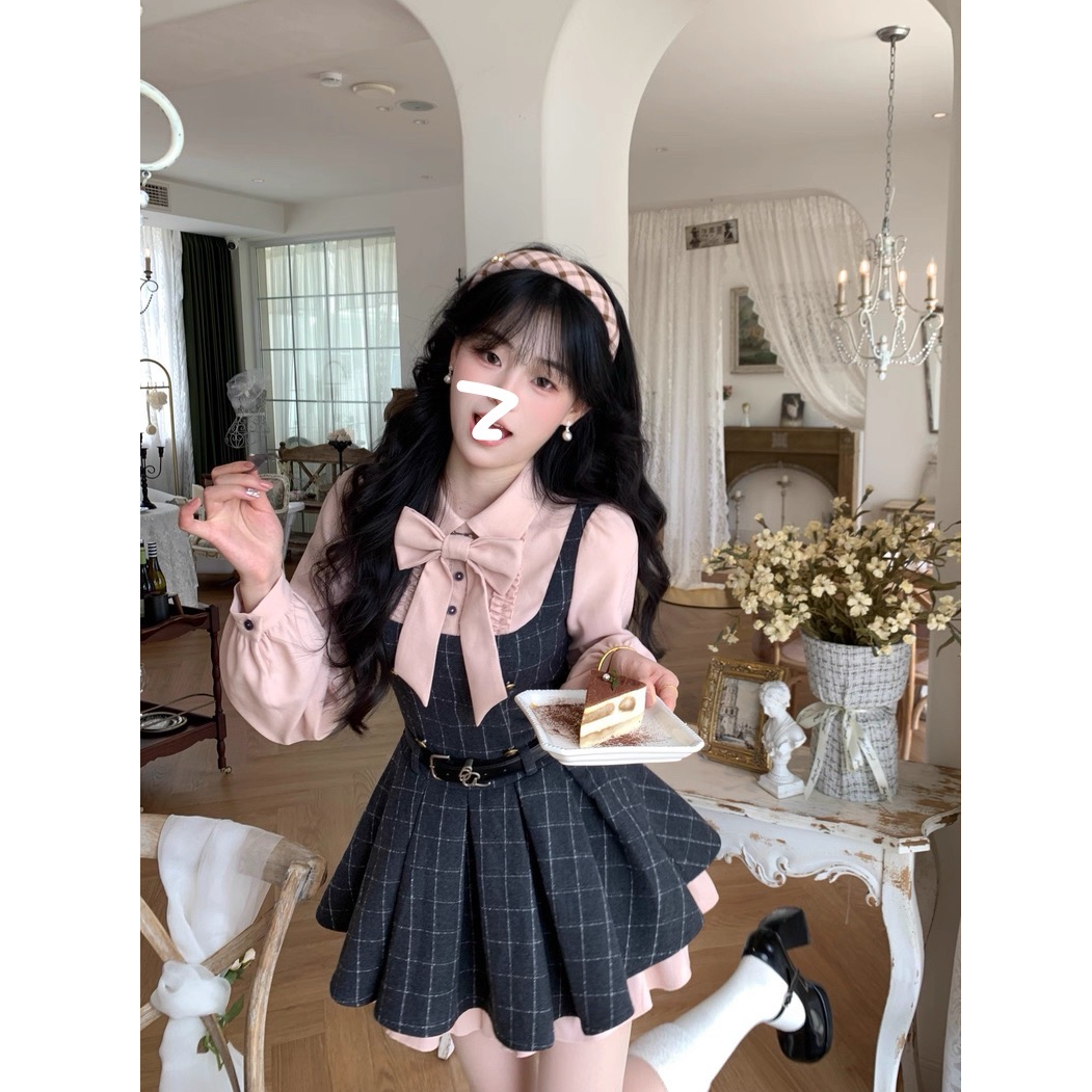 【雾蓝花楹】少女感蝴蝶结衬衫格纹毛呢收腰蓬蓬百褶连衣裙