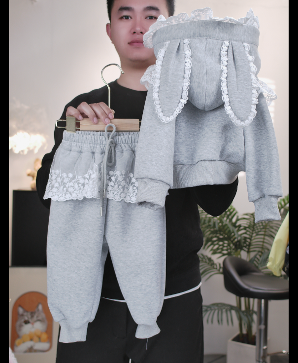 秋季女童韩版连帽设计师卫衣上衣针织套装儿童休闲连帽套装