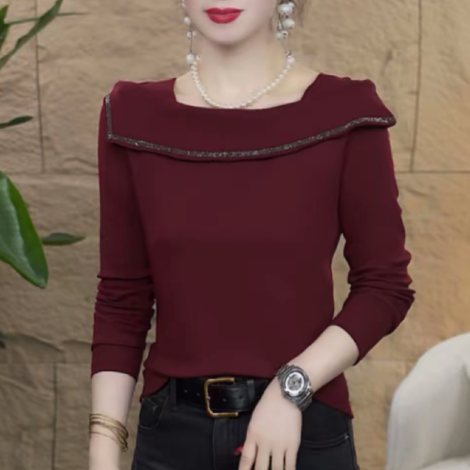 秋季新款时尚洋气长袖T恤显瘦减龄设计感方领烫钻纯色百搭上衣女