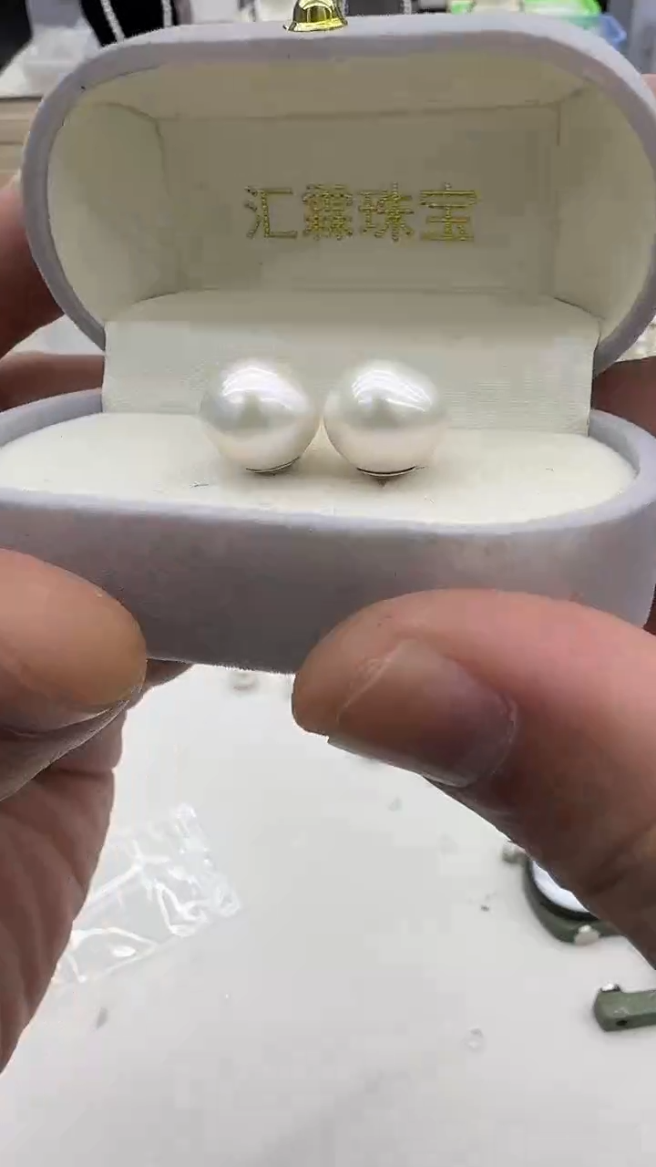 银S925镶嵌耳钉淡水珍珠12-13mm 素钉