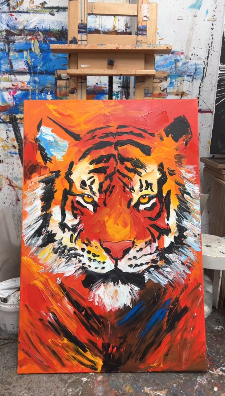 【闪购商品】丙烯画丫丫刮刀红色老虎加框