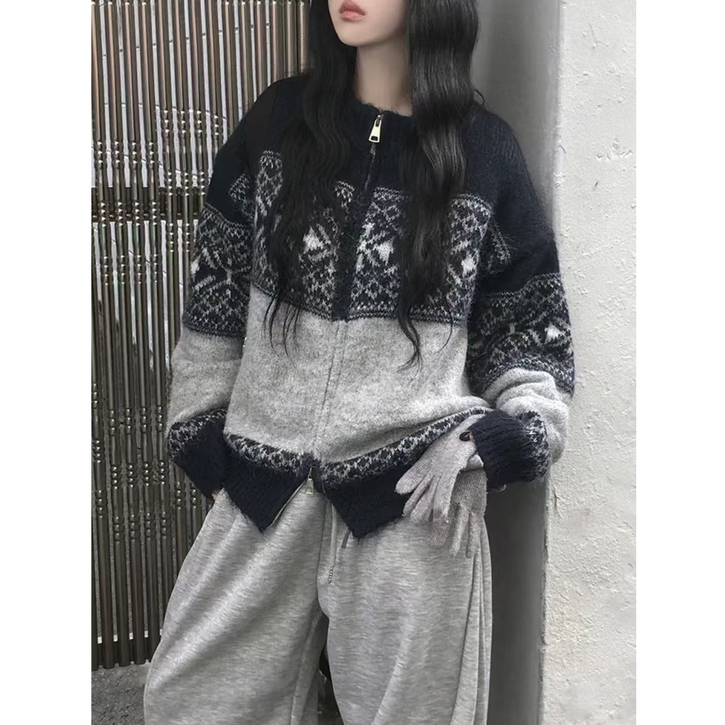 【运费补贴】灰蓝色费尔岛女百搭加厚毛衣针织衫显瘦外套