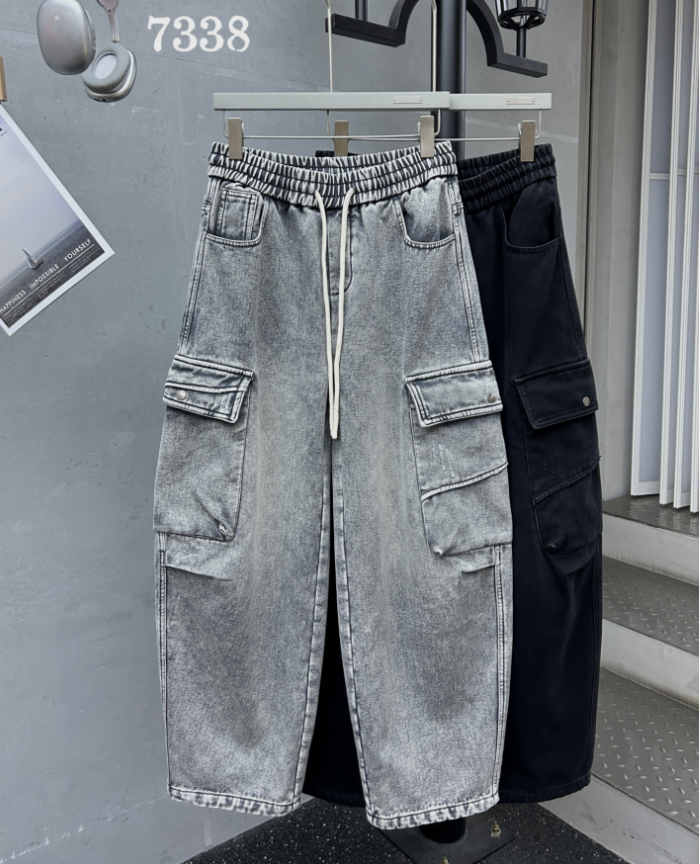 502 素劲2 冬季潮牌男女加绒加厚水洗弯刀工装牛仔长裤 KZ7338