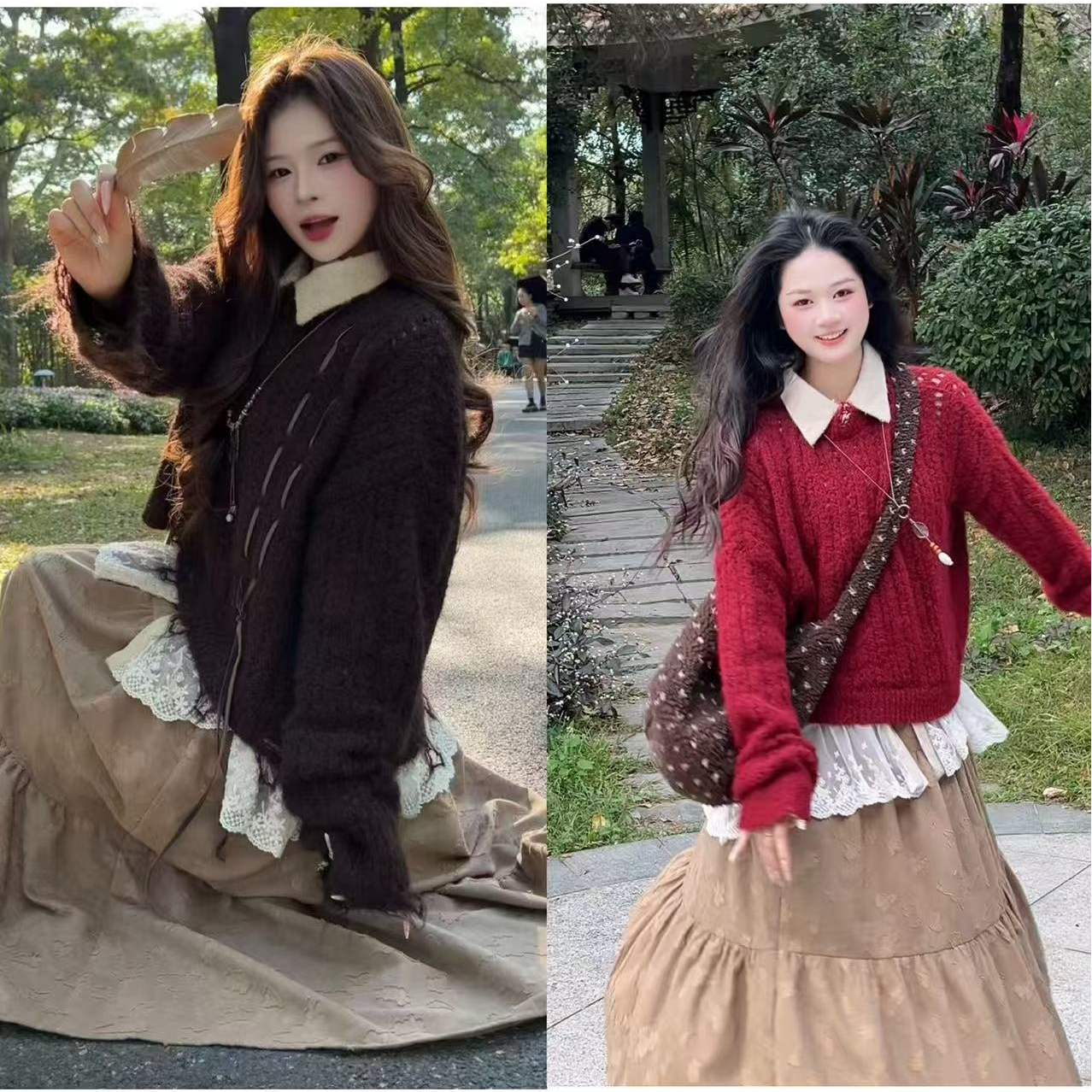 【有运补】套头长袖针织慵懒风秋冬外穿百搭气质感刺绣半身裙套装女