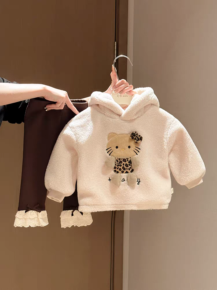 小丸子  56485冬季连帽加厚毛毛衣韩版童装儿童加绒打底裤套装