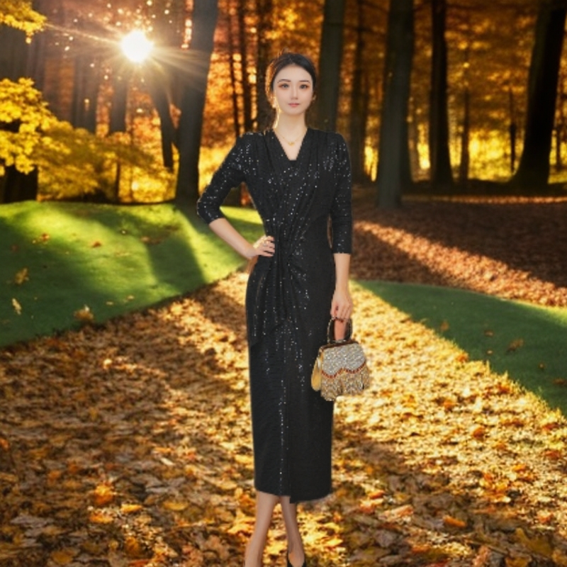 纯色气质轻奢镭射珠光片高弹秋季设计师轻奢秋季连衣裙A009-悦1