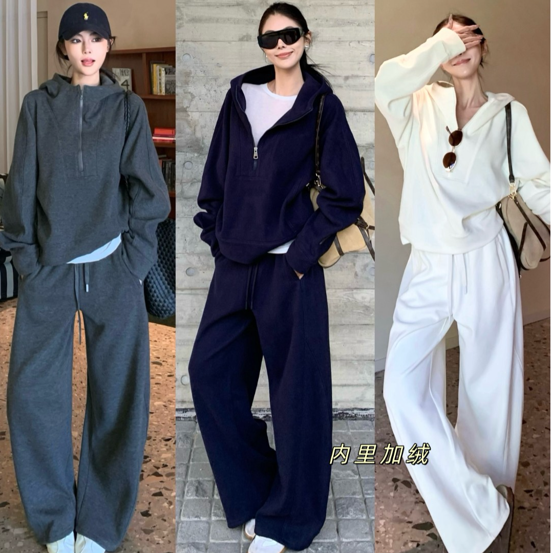 老钱风街头风休闲时尚加绒卫衣套装过去高腰显瘦弯刀裤韩版套装