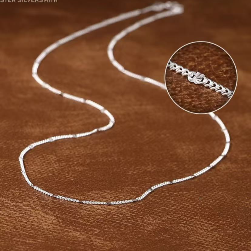 链子足银 足银999.9平板侧身雪花链项链女款素链裸链锁骨链送闺蜜