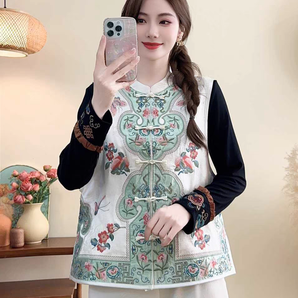 新中式国风复古牡丹绣花提花坎肩拼色如意盘扣马夹