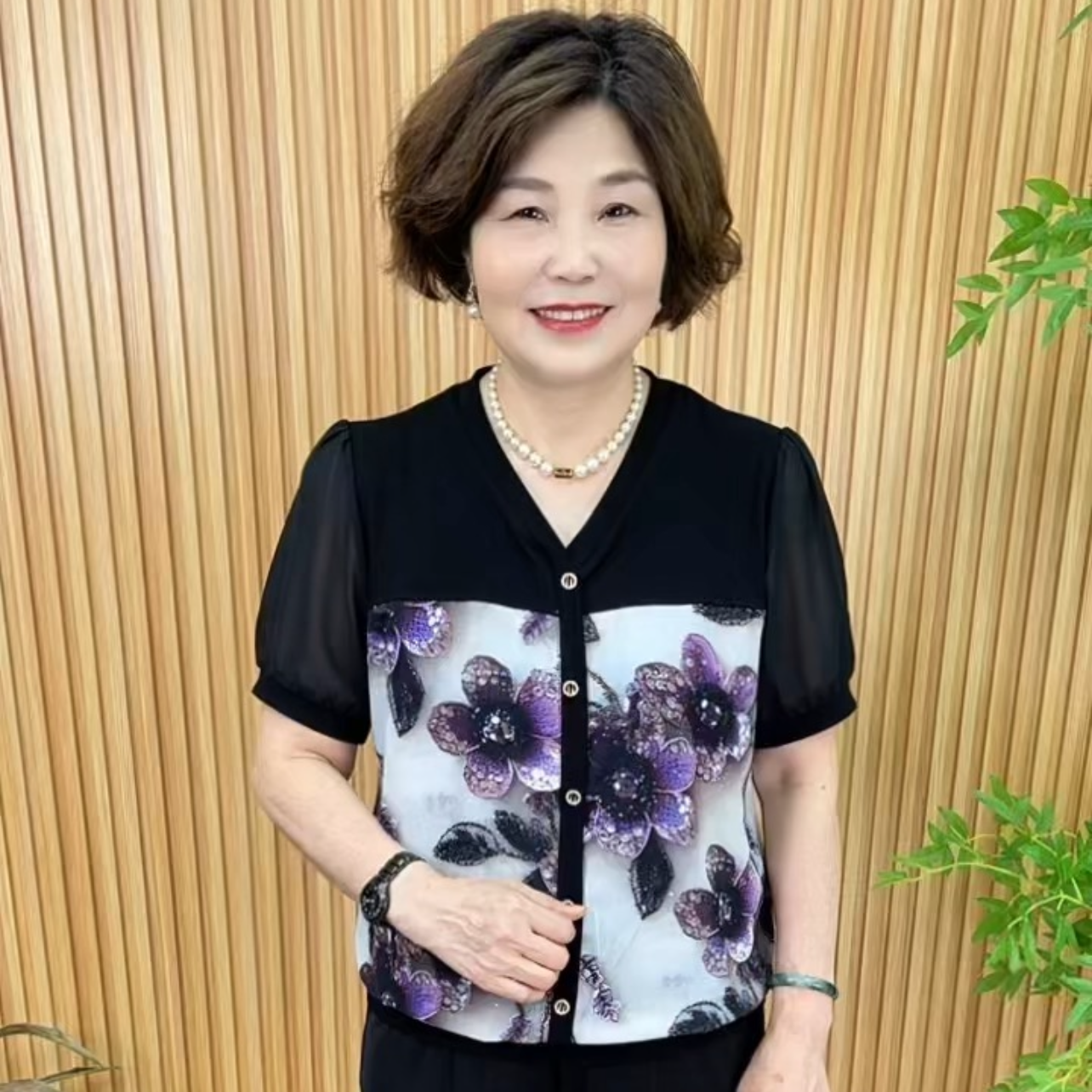 薄款V字领V领拼接大花中老年女装夏装减龄雪纺衫小衫V0110