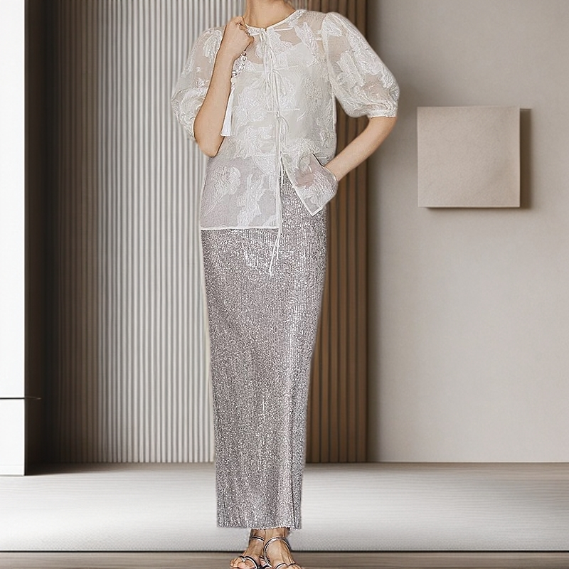 亮片后开叉半身裙女2025夏季新款高腰显瘦设计感高级蕾丝珠片半子