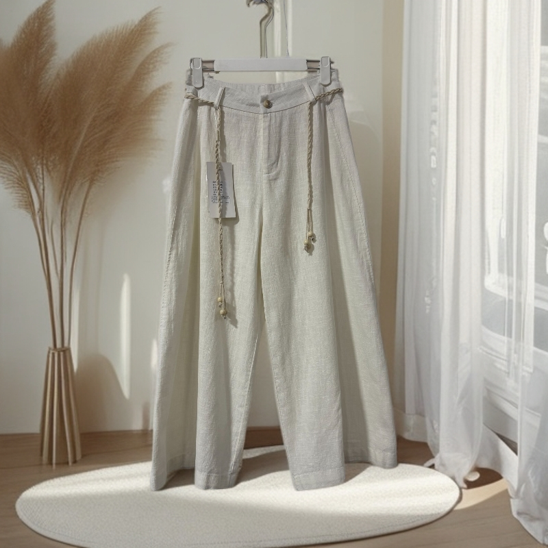 高腰直筒休闲裤女夏季新款配编织腰带抽绳阔腿八分裤8956#裤长83