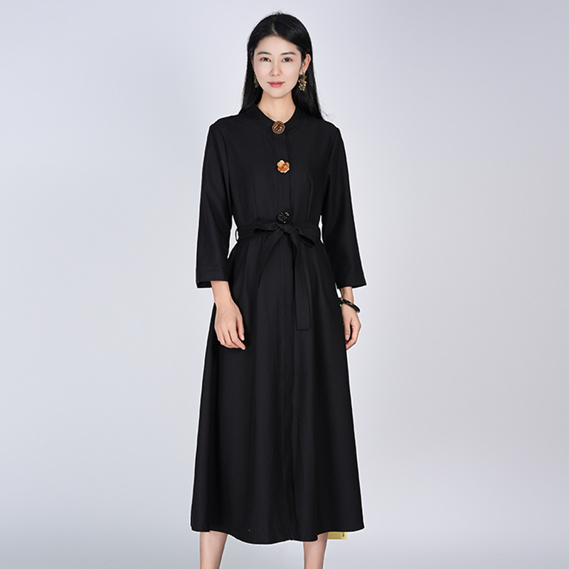 浒城古娘国风纯色百搭时尚气质优雅复古长款连衣裙WH05007698