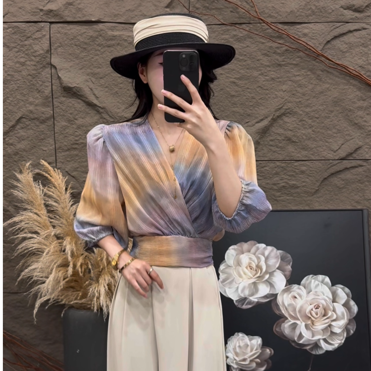 范范力推--法式一片式绑带v领长袖防晒衬衫女夏季收腰显瘦上衣