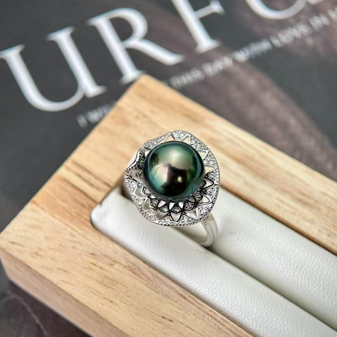 天然海水珍珠大溪地孔雀绿9-10mm戒指LY