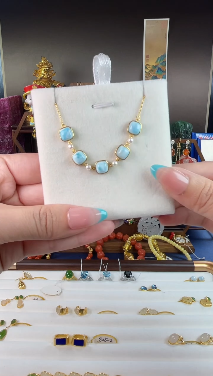 银S925镀金镶嵌针钠钙石（海纹石）手链，0908-28海纹石手链