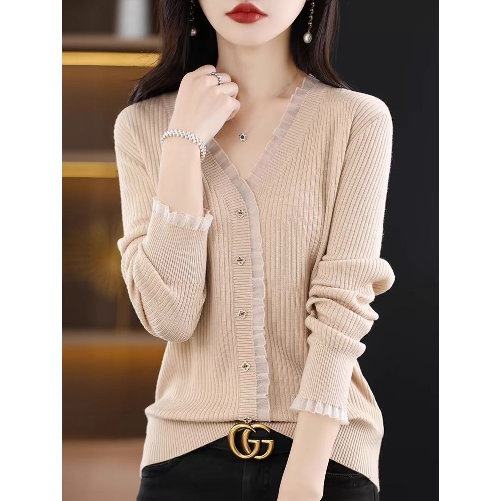 米色秋季长袖针织衫V领常规款蕾丝时尚外搭修身薄款百搭洋气上衣