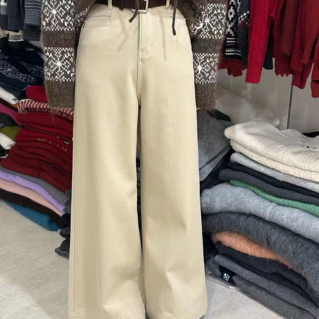 6979最近风很大的奶茶色~韩标高腰厚绒阔腿裤
