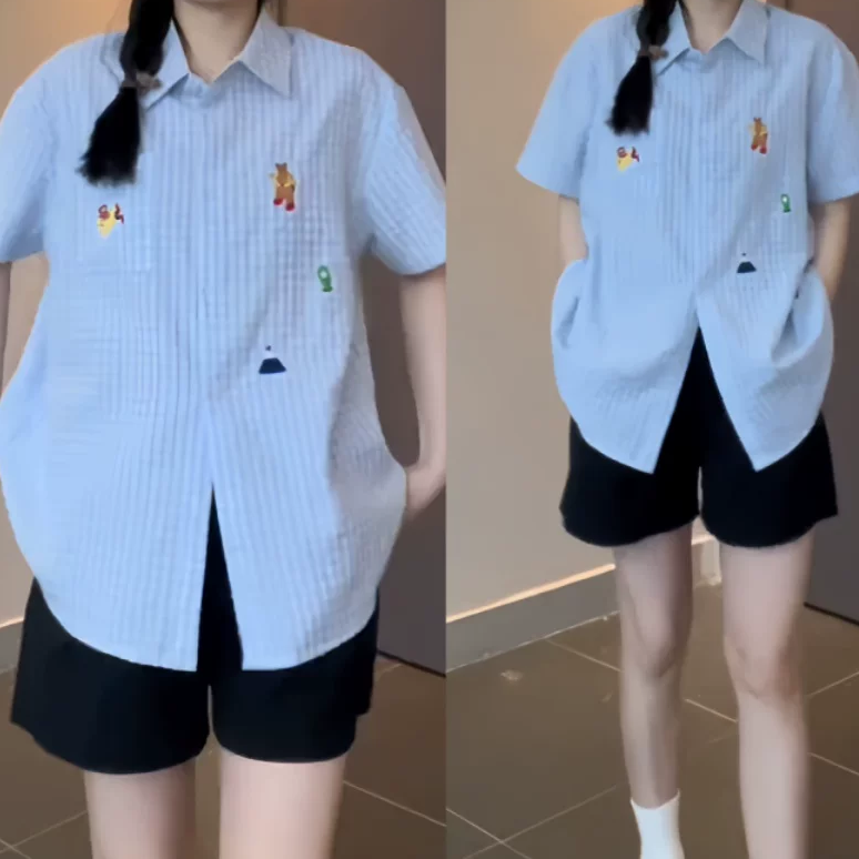 7101蓝色刺绣短袖衬衫女夏新款大码胖mm设计感百搭高腰休闲短裤