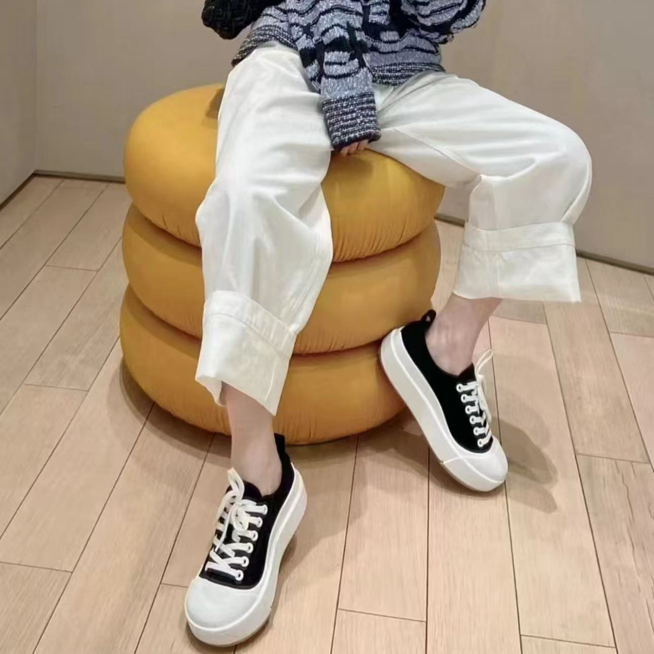 未使用 BOTTEGA VENETA/葆蝶家 /七七/黑白熊猫厚底帆布鞋