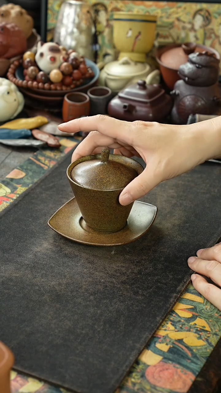 青段柴烧光素三才盖碗