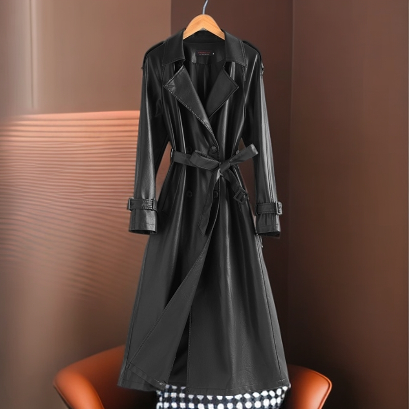 海宁真皮皮衣 长款皮衣海宁加长风衣显瘦系带修身女装KFLD-516#