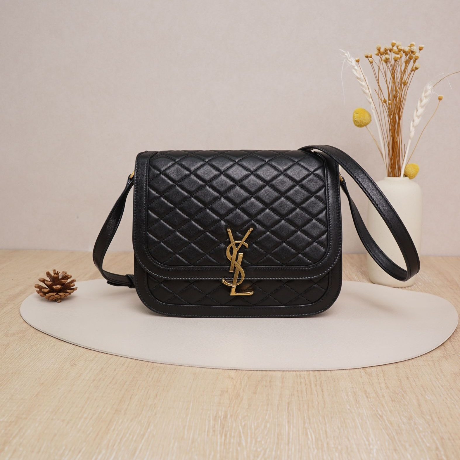 95新 YSL/圣罗兰 solferino绗缝肩背包中号黑金羊皮/DS047426