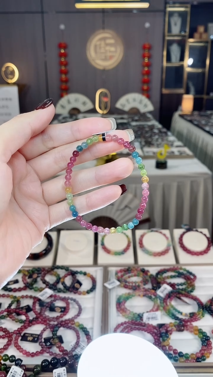 未镶嵌老矿碧玺色标彩虹单圈手串4mm+碧玺dan多样性发货一条