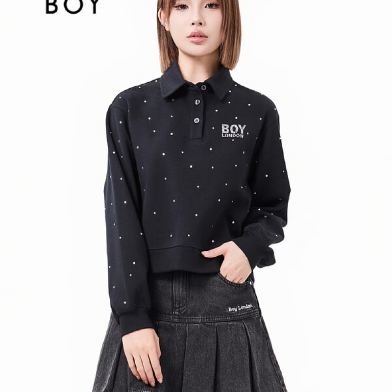 BOYLONDON秋季琥珀流光女烫钻POLO短百搭简约时尚长袖卫衣W03903