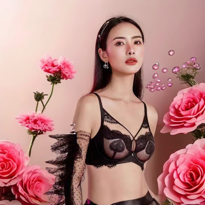 Q40套装~优鲜乳撤柜刺绣水晶超薄内衣大胸显小软钢圈聚拢套装BC