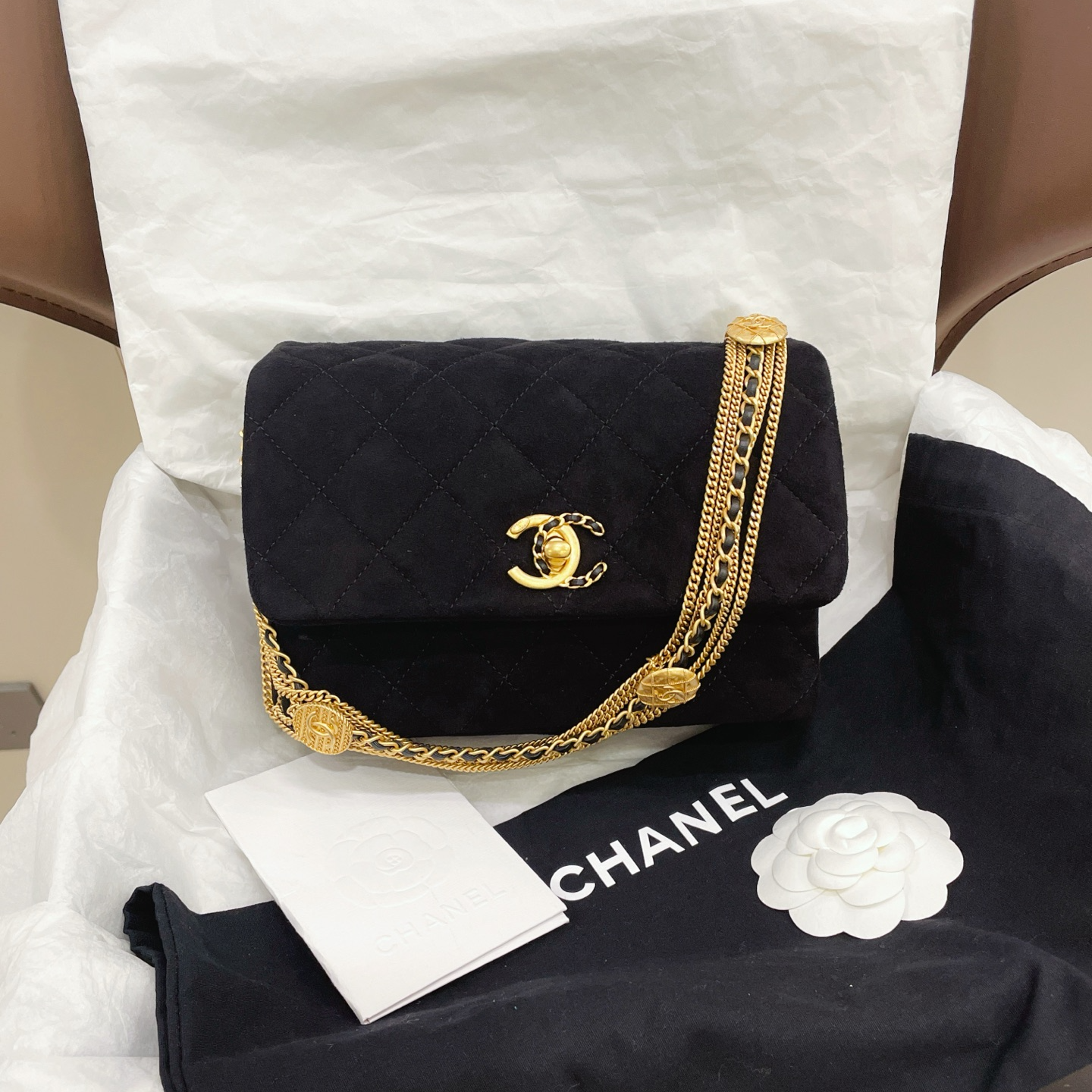99新 Chanel/香奈儿 金扣菱格纹皮穿链口盖金币包九成新