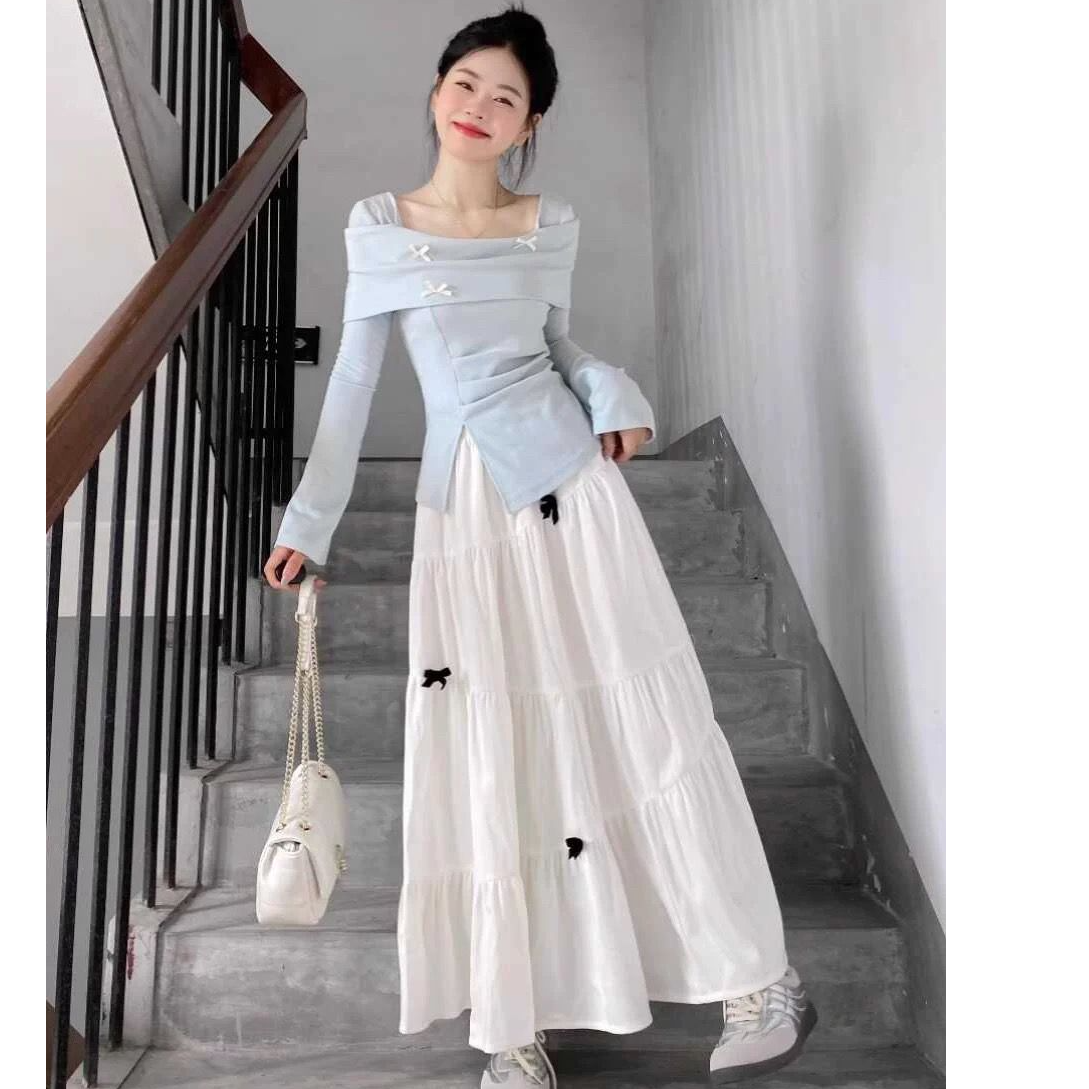 大码胖MM温柔韩系春季一字肩设计感蝴蝶结上衣半身裙显瘦套装