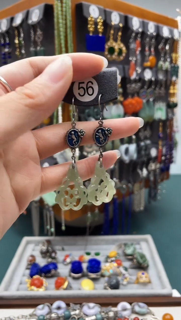 和田玉银S925镶嵌耳饰饰品