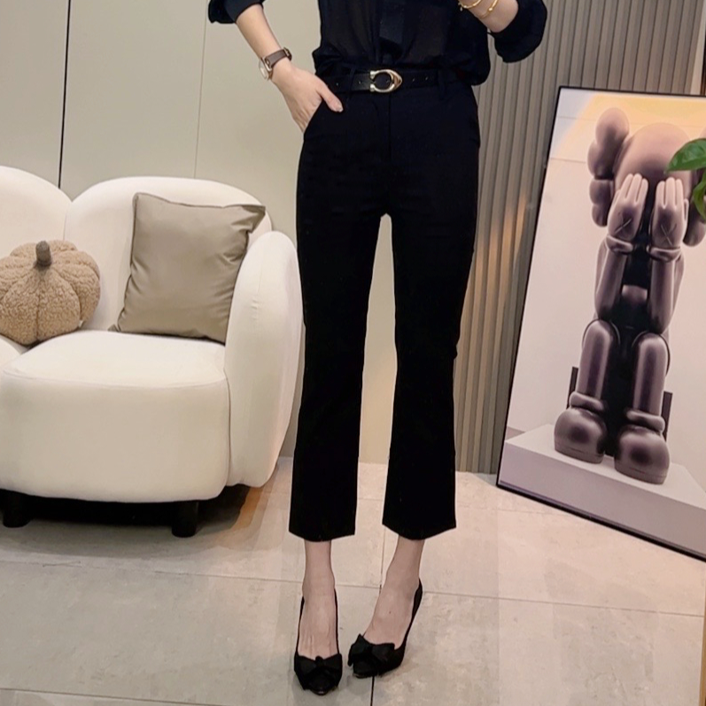 新款高腰休闲裤微弹力微开叉小黑裤直筒长裤微喇显瘦气质（赠腰带）